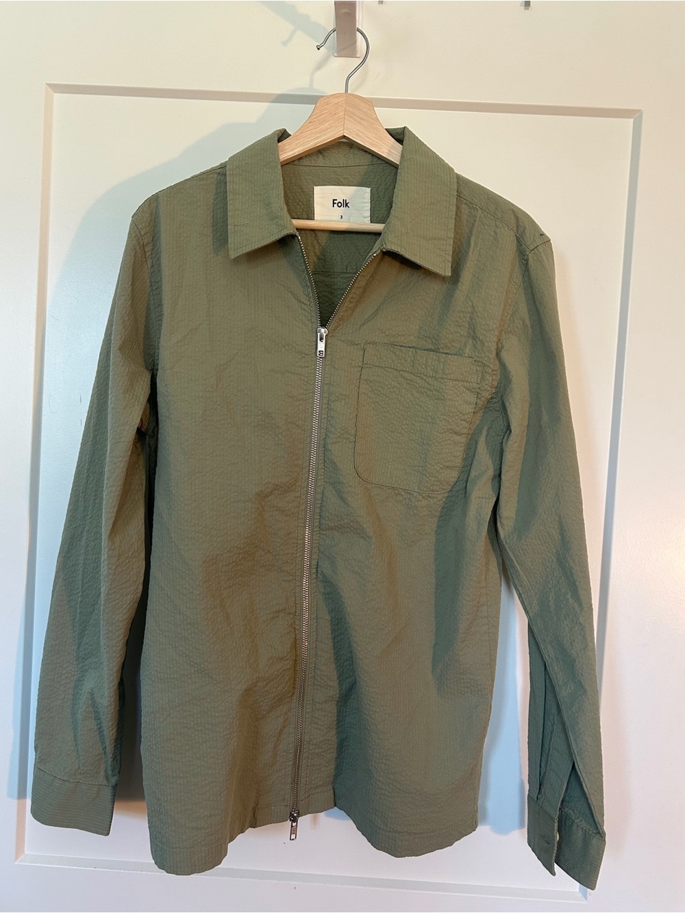 Folk Clothing Men's Green Seersucker Zip Front Shirt/Jacket Minimalist size 3 M